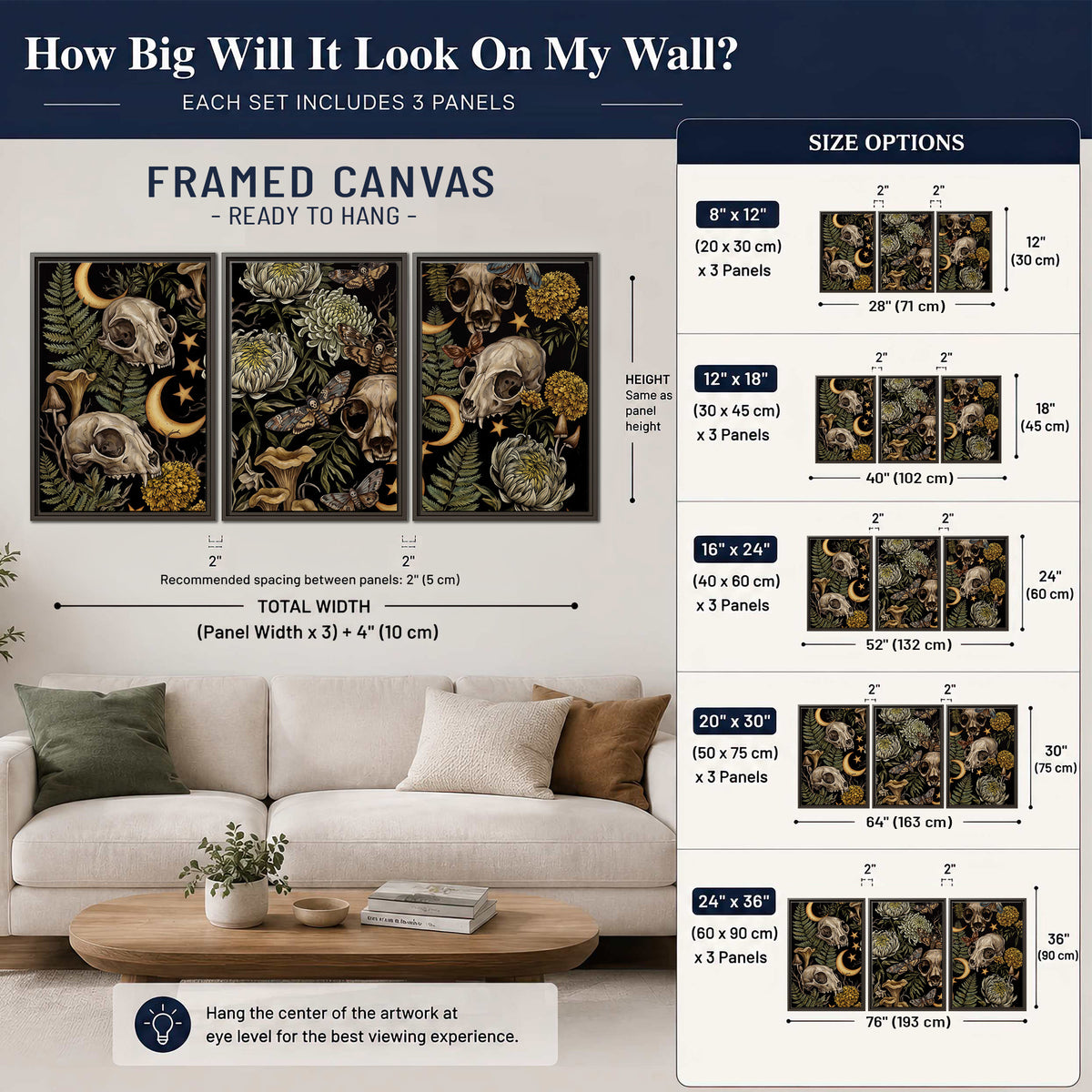 Decorative animal skulls, moons, stars, mushrooms and botanical leaves 3 piece framed canvas wall art size guide above a sofa; room view is illustrative