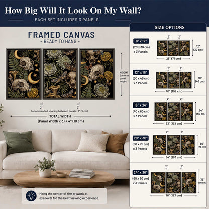 Decorative animal skulls, moons, stars, mushrooms and botanical leaves 3 piece framed canvas wall art size guide above a sofa; room view is illustrative
