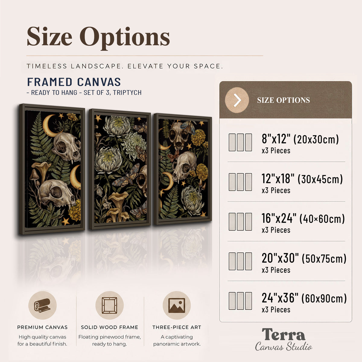 Decorative animal skulls, moons, stars, mushrooms and botanical leaves 3 piece framed canvas wall art available dimensions; triptych dimensions are per panel