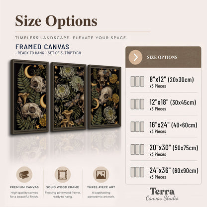 Decorative animal skulls, moons, stars, mushrooms and botanical leaves 3 piece framed canvas wall art available dimensions; triptych dimensions are per panel