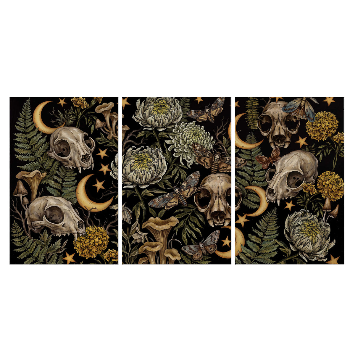 Decorative animal skulls, moons, stars, mushrooms and botanical leaves set of 3 poster prints viewed straight on