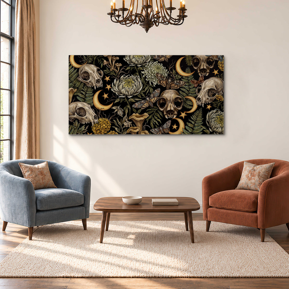Decorative animal skulls, moons, stars, mushrooms and botanical leaves single canvas wall art styled in an interior