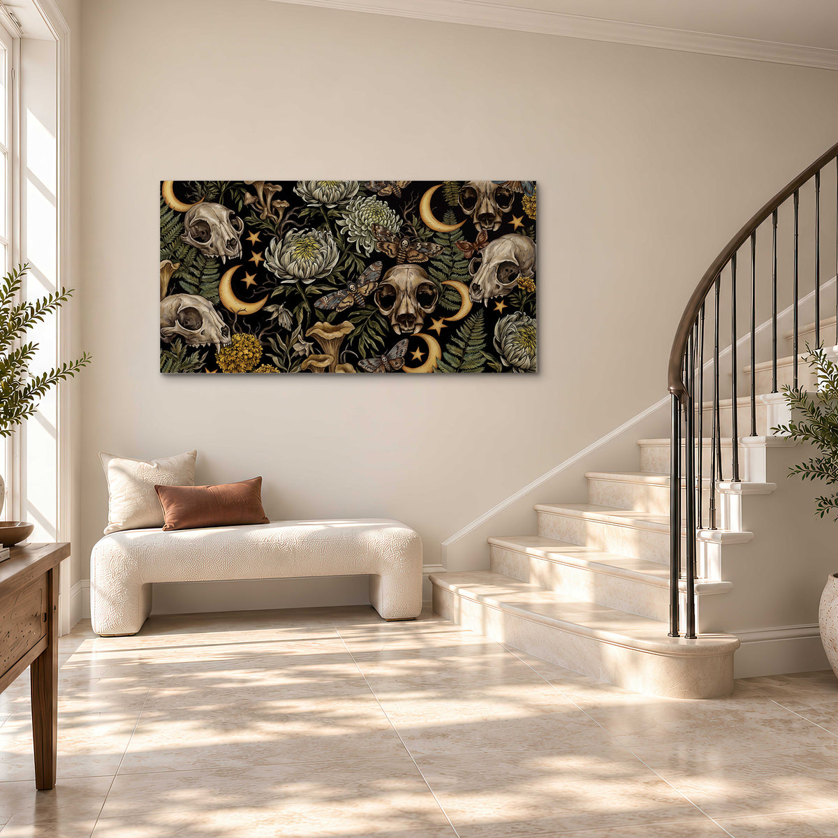 Decorative animal skulls, moons, stars, mushrooms and botanical leaves single canvas wall art styled in an interior