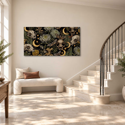 Decorative animal skulls, moons, stars, mushrooms and botanical leaves single canvas wall art styled in an interior