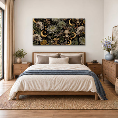 Decorative animal skulls, moons, stars, mushrooms and botanical leaves single canvas wall art styled in an interior