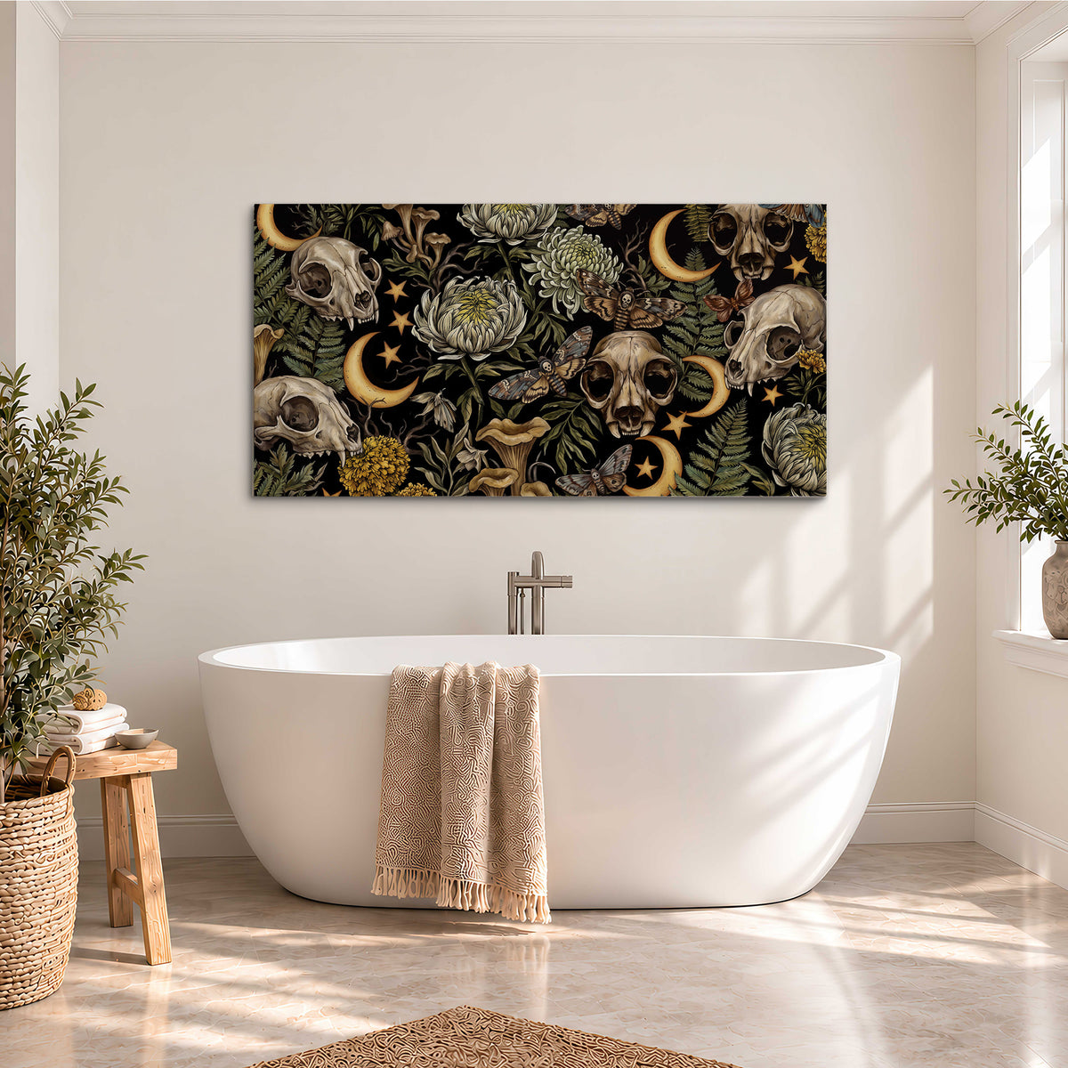 Decorative animal skulls, moons, stars, mushrooms and botanical leaves single canvas wall art styled in an interior