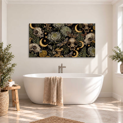 Decorative animal skulls, moons, stars, mushrooms and botanical leaves single canvas wall art styled in an interior