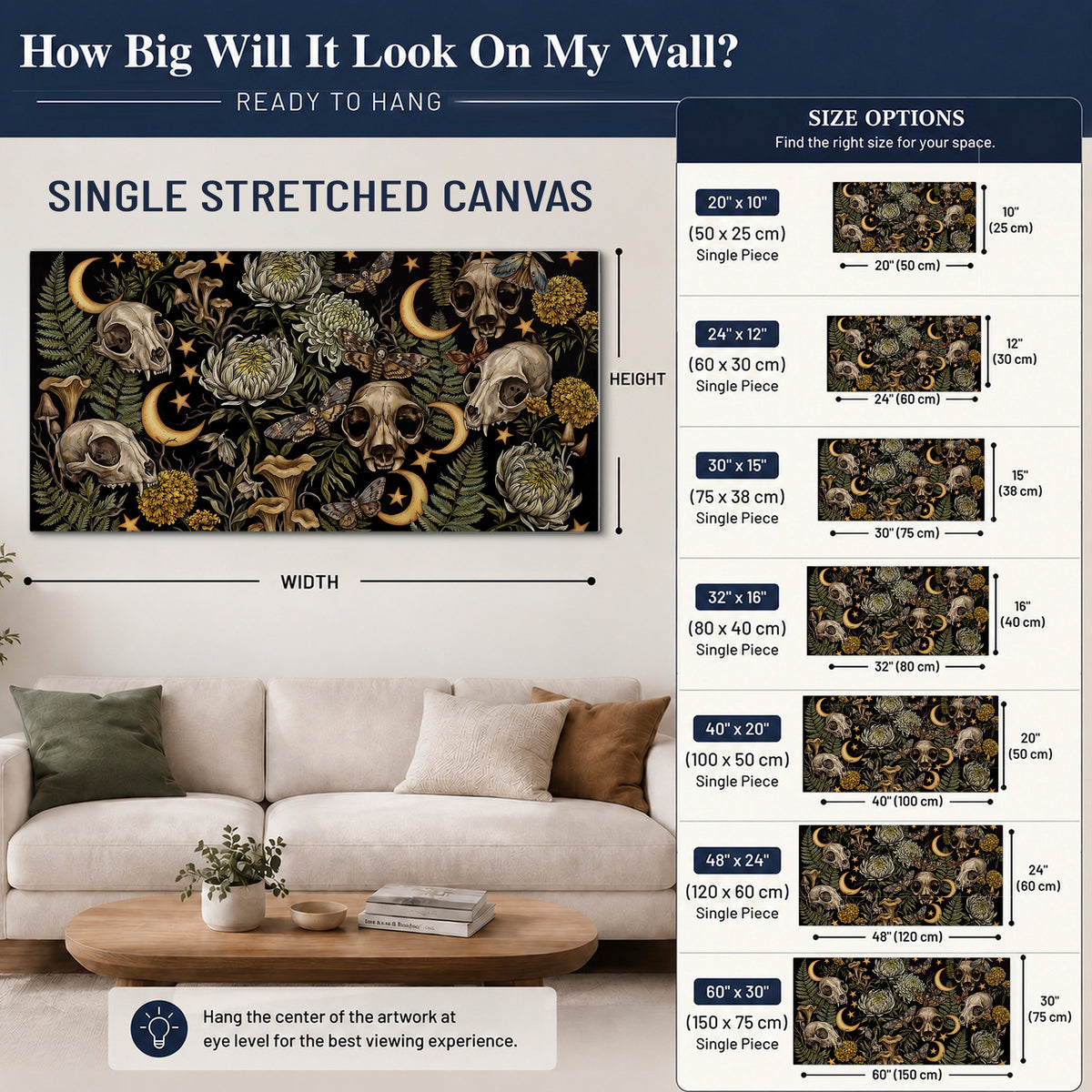 Decorative animal skulls, moons, stars, mushrooms and botanical leaves single canvas wall art size guide above a sofa; room view is illustrative