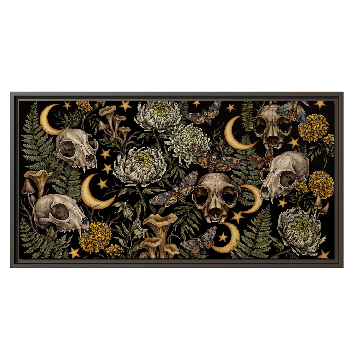 Decorative animal skulls, moons, stars, mushrooms and botanical leaves single framed canvas wall art viewed straight on
