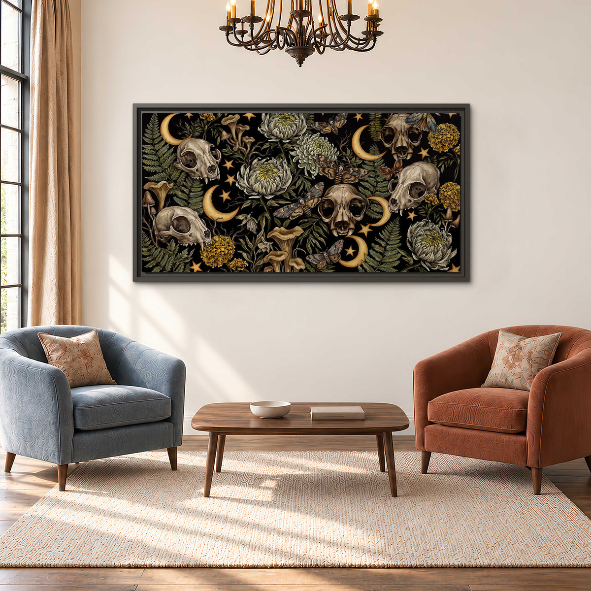 Decorative animal skulls, moons, stars, mushrooms and botanical leaves single framed canvas wall art styled in an interior