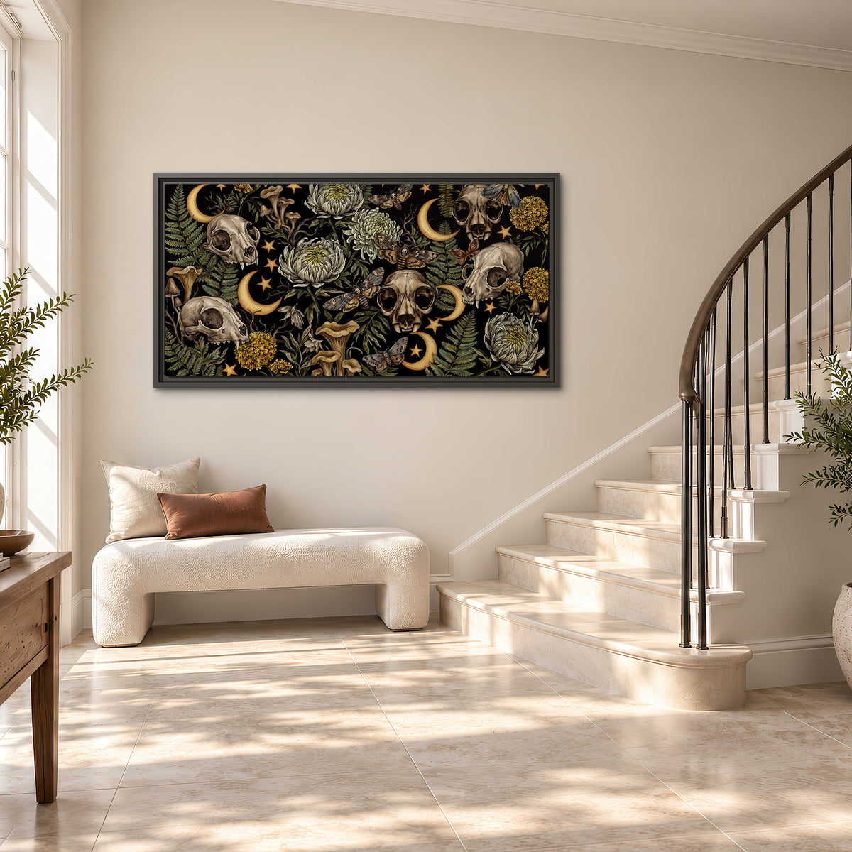 Decorative animal skulls, moons, stars, mushrooms and botanical leaves single framed canvas wall art styled in an interior