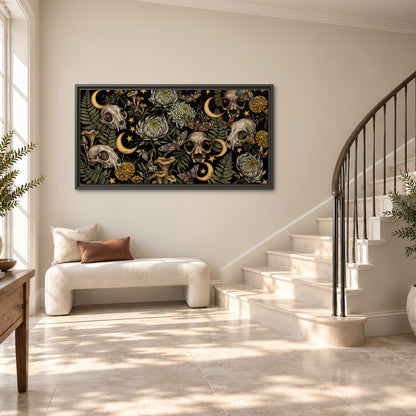 Decorative animal skulls, moons, stars, mushrooms and botanical leaves single framed canvas wall art styled in an interior