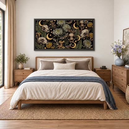 Decorative animal skulls, moons, stars, mushrooms and botanical leaves single framed canvas wall art styled in an interior