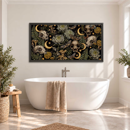 Decorative animal skulls, moons, stars, mushrooms and botanical leaves single framed canvas wall art styled in an interior
