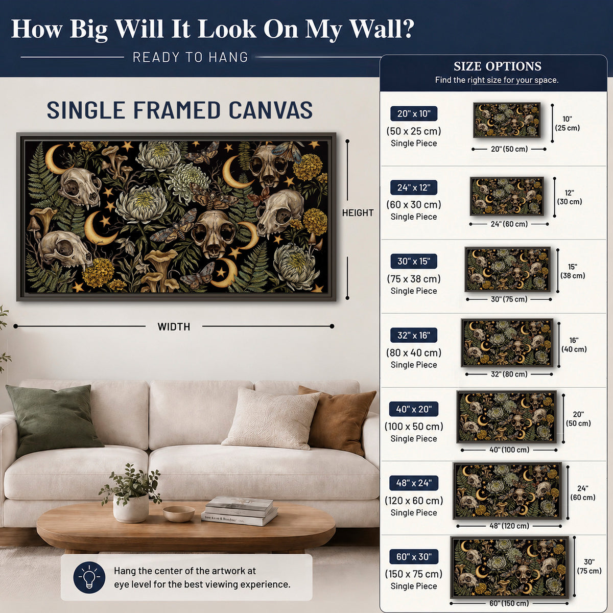 Decorative animal skulls, moons, stars, mushrooms and botanical leaves single framed canvas wall art size guide above a sofa; room view is illustrative