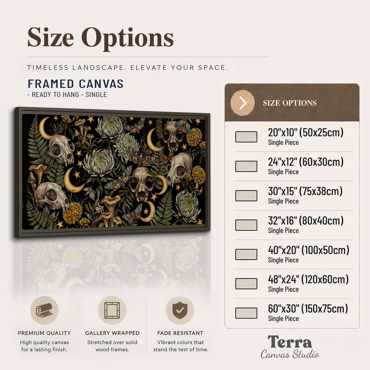 Decorative animal skulls, moons, stars, mushrooms and botanical leaves single framed canvas wall art available dimensions