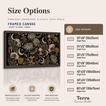 Decorative animal skulls, moons, stars, mushrooms and botanical leaves single framed canvas wall art available dimensions