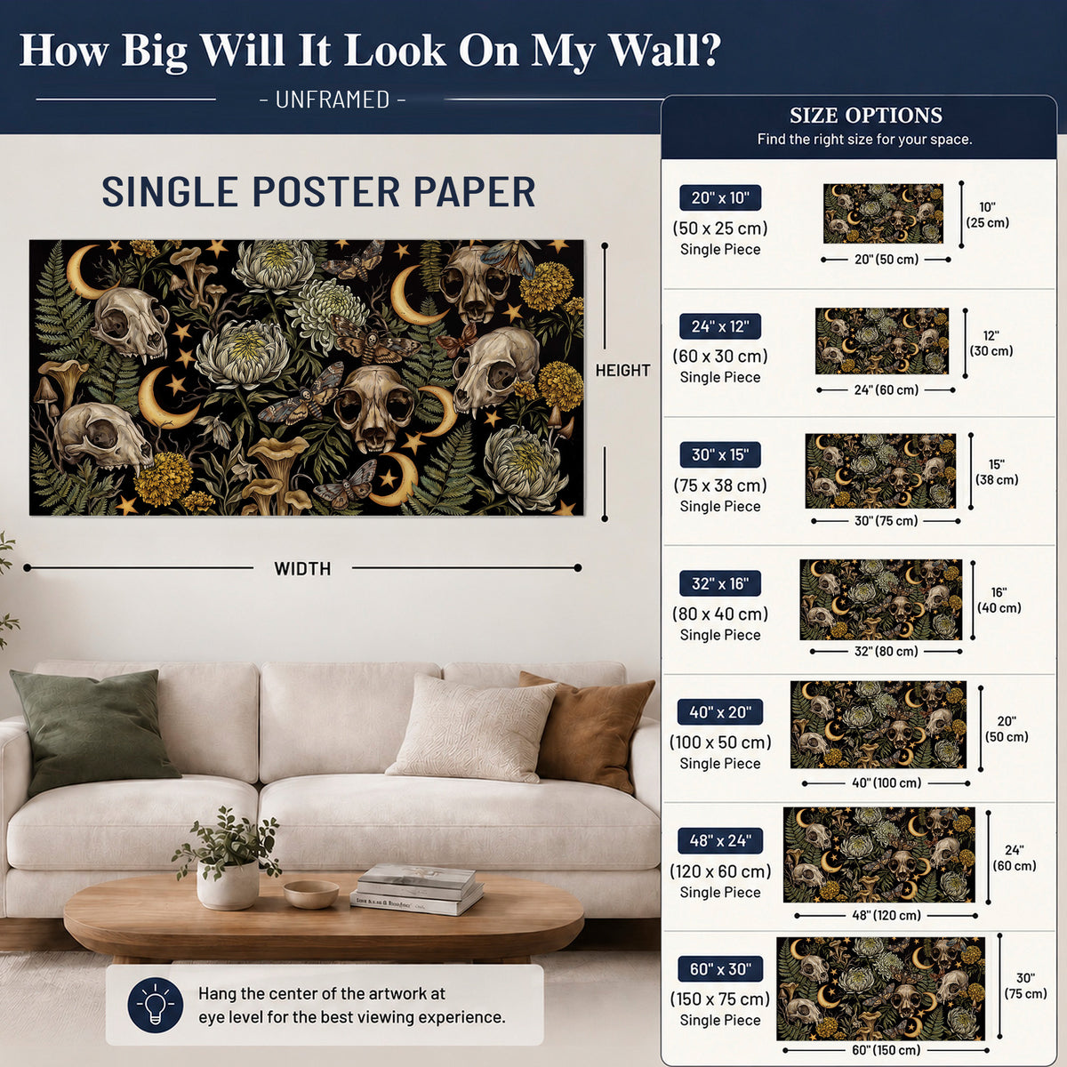 Decorative animal skulls, moons, stars, mushrooms and botanical leaves single poster print size guide above a sofa; room view is illustrative