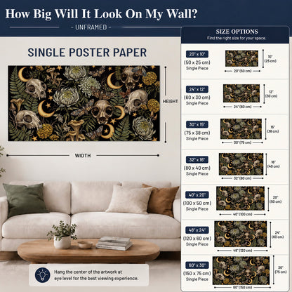Decorative animal skulls, moons, stars, mushrooms and botanical leaves single poster print size guide above a sofa; room view is illustrative