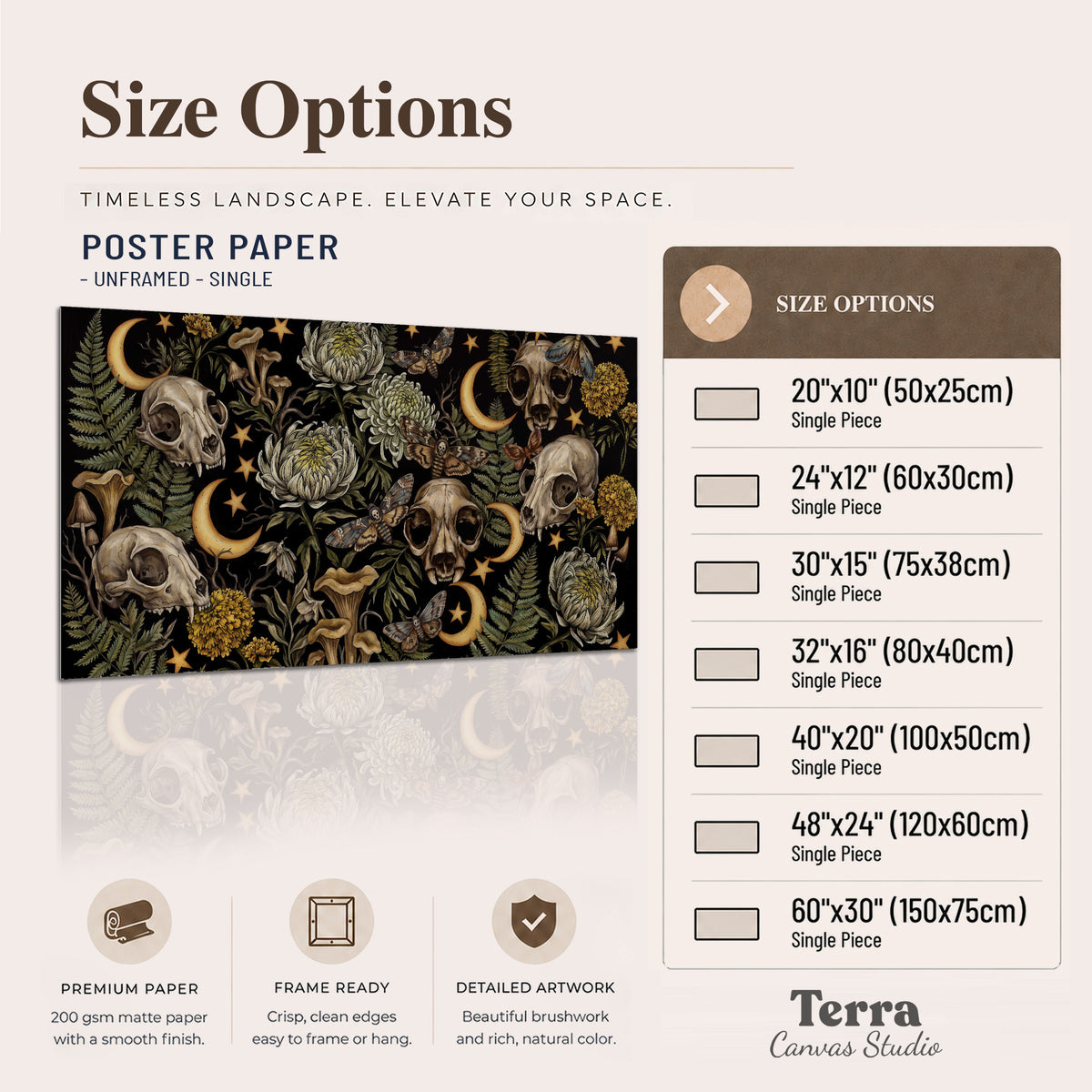 Decorative animal skulls, moons, stars, mushrooms and botanical leaves single poster print available dimensions