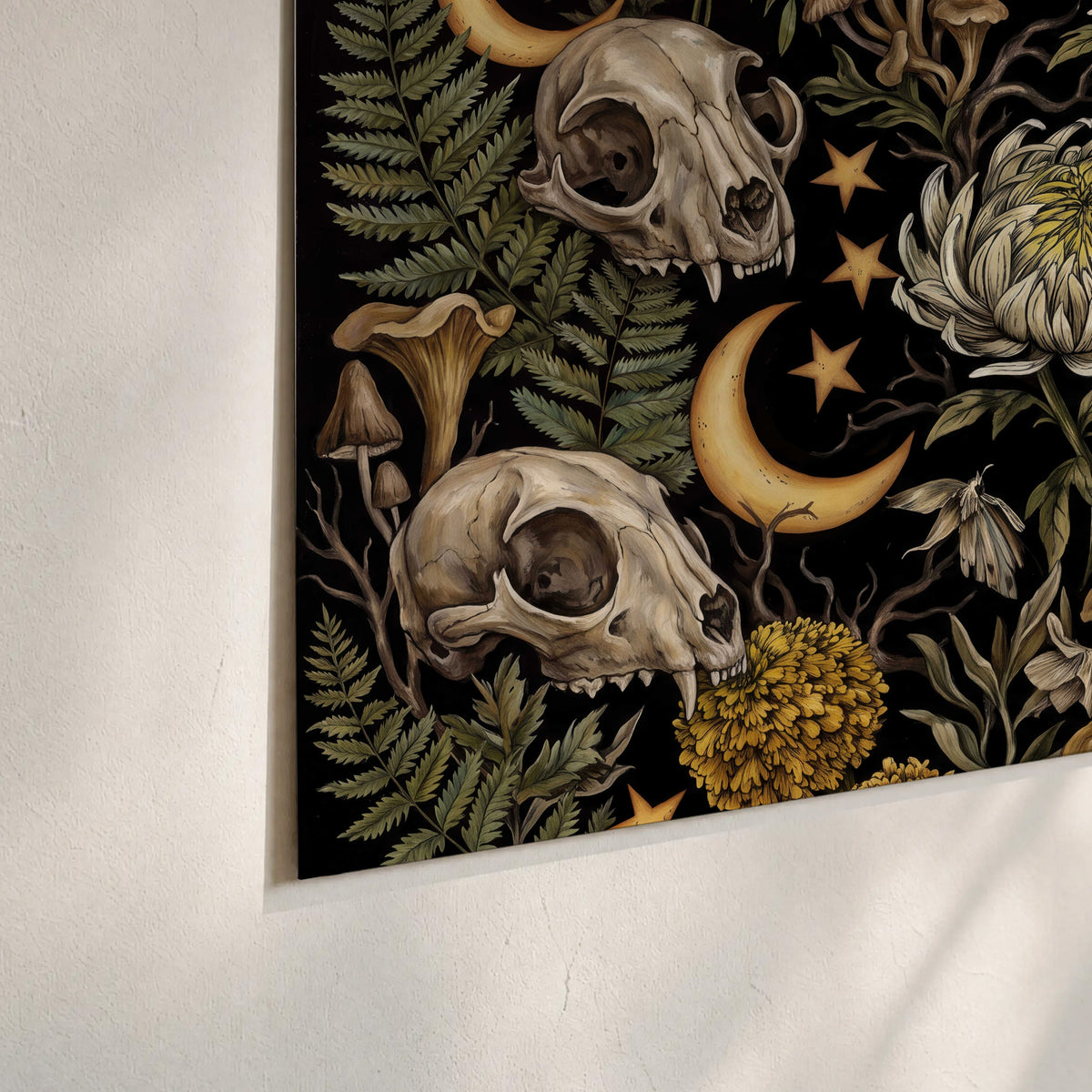 Decorative animal skulls, moons, stars, mushrooms and botanical leaves set of 3 poster prints material and edge close up