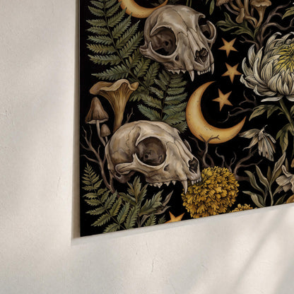 Decorative animal skulls, moons, stars, mushrooms and botanical leaves set of 3 poster prints material and edge close up