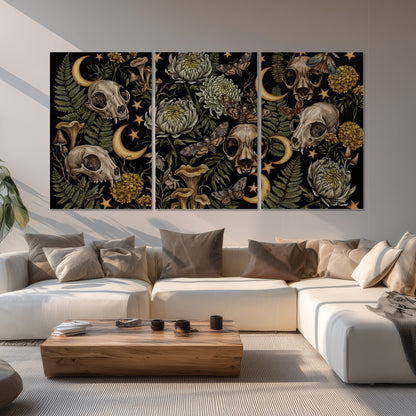 Decorative animal skulls, moons, stars, mushrooms and botanical leaves set of 3 poster prints displayed in a living room