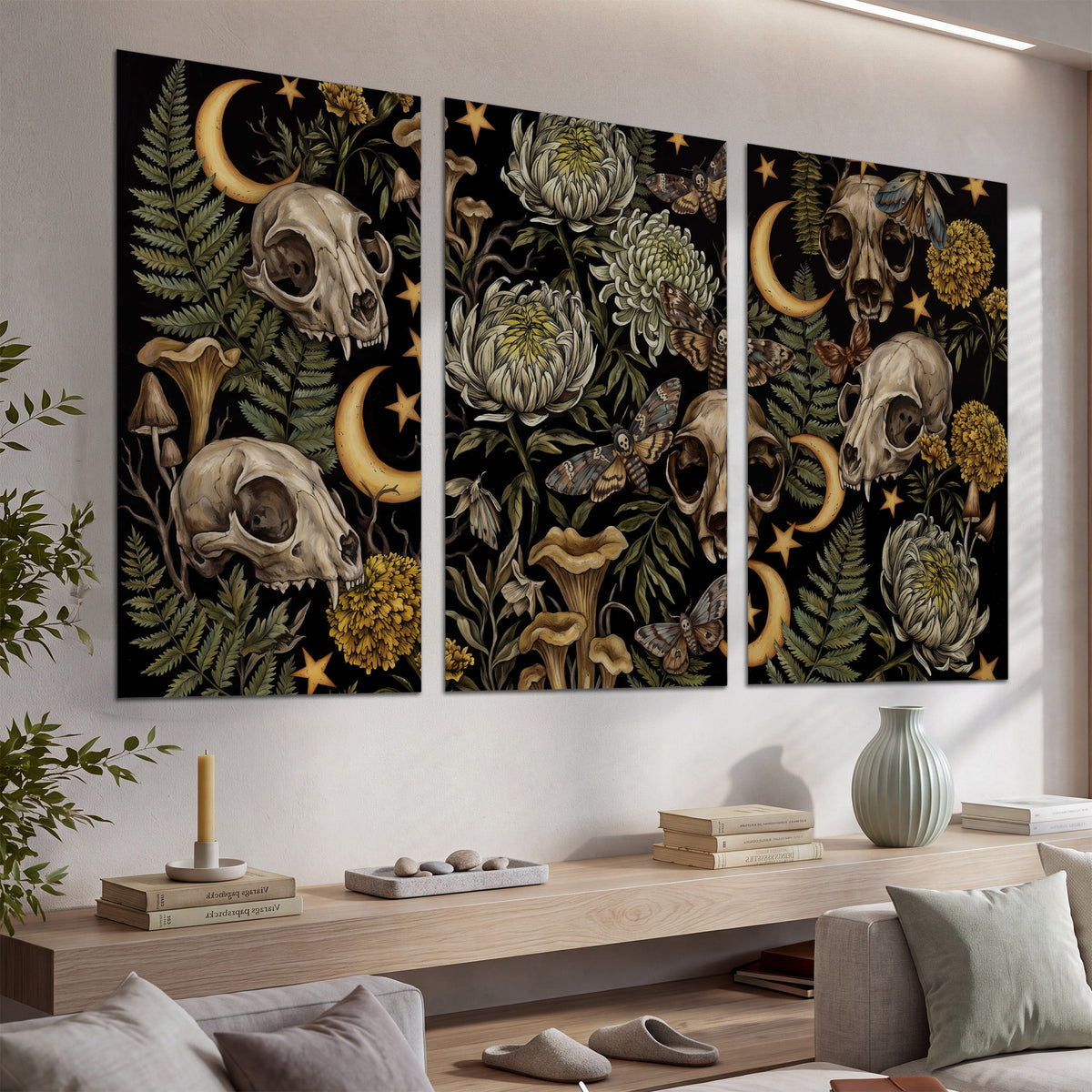 Decorative animal skulls, moons, stars, mushrooms and botanical leaves set of 3 poster prints displayed in a console