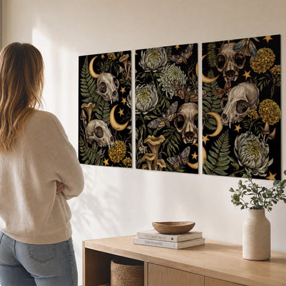 Decorative animal skulls, moons, stars, mushrooms and botanical leaves set of 3 poster prints three panel arrangement on a wall