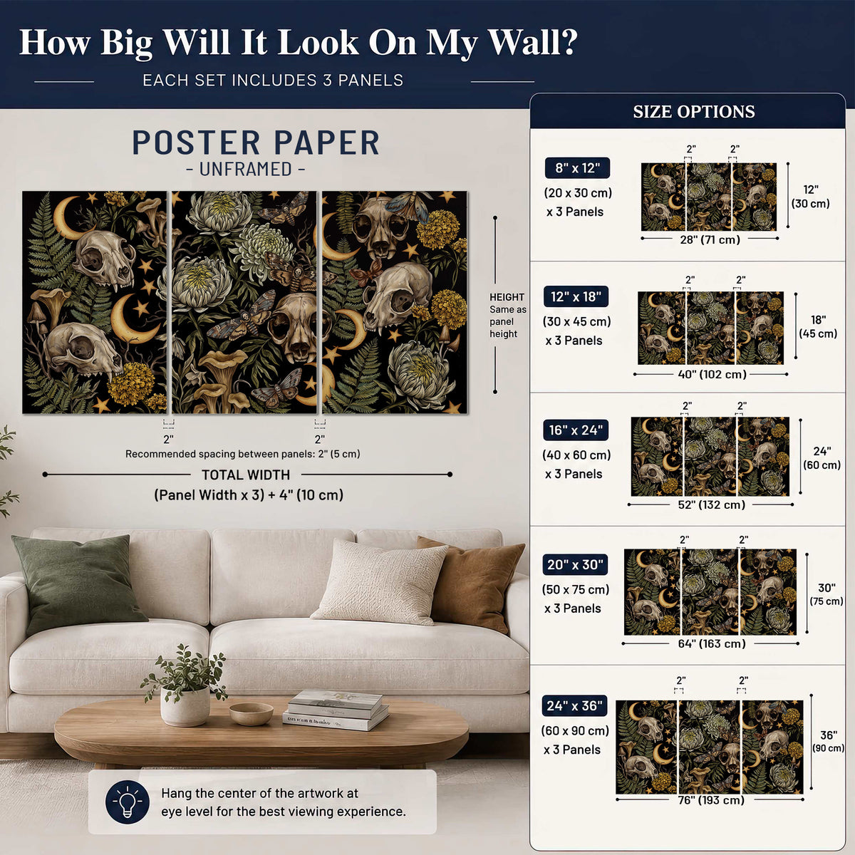 Decorative animal skulls, moons, stars, mushrooms and botanical leaves set of 3 poster prints size guide above a sofa; room view is illustrative