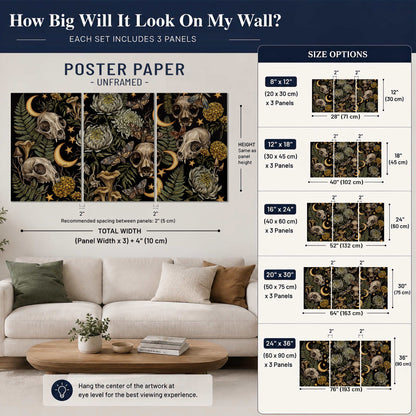Decorative animal skulls, moons, stars, mushrooms and botanical leaves set of 3 poster prints size guide above a sofa; room view is illustrative
