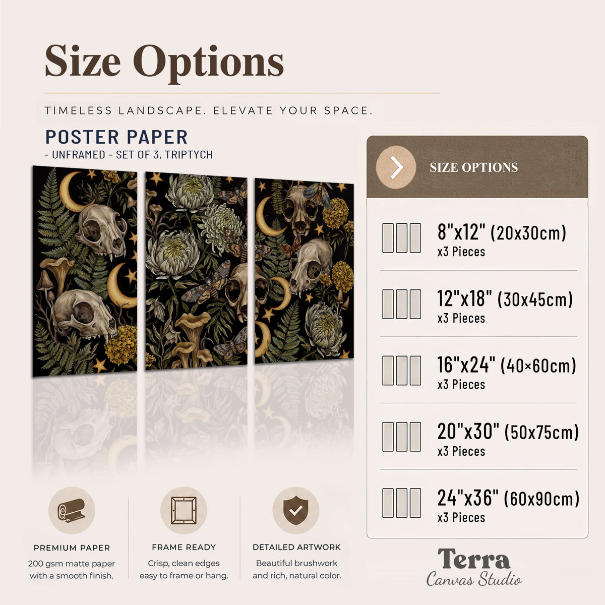 Decorative animal skulls, moons, stars, mushrooms and botanical leaves set of 3 poster prints available dimensions; triptych dimensions are per panel