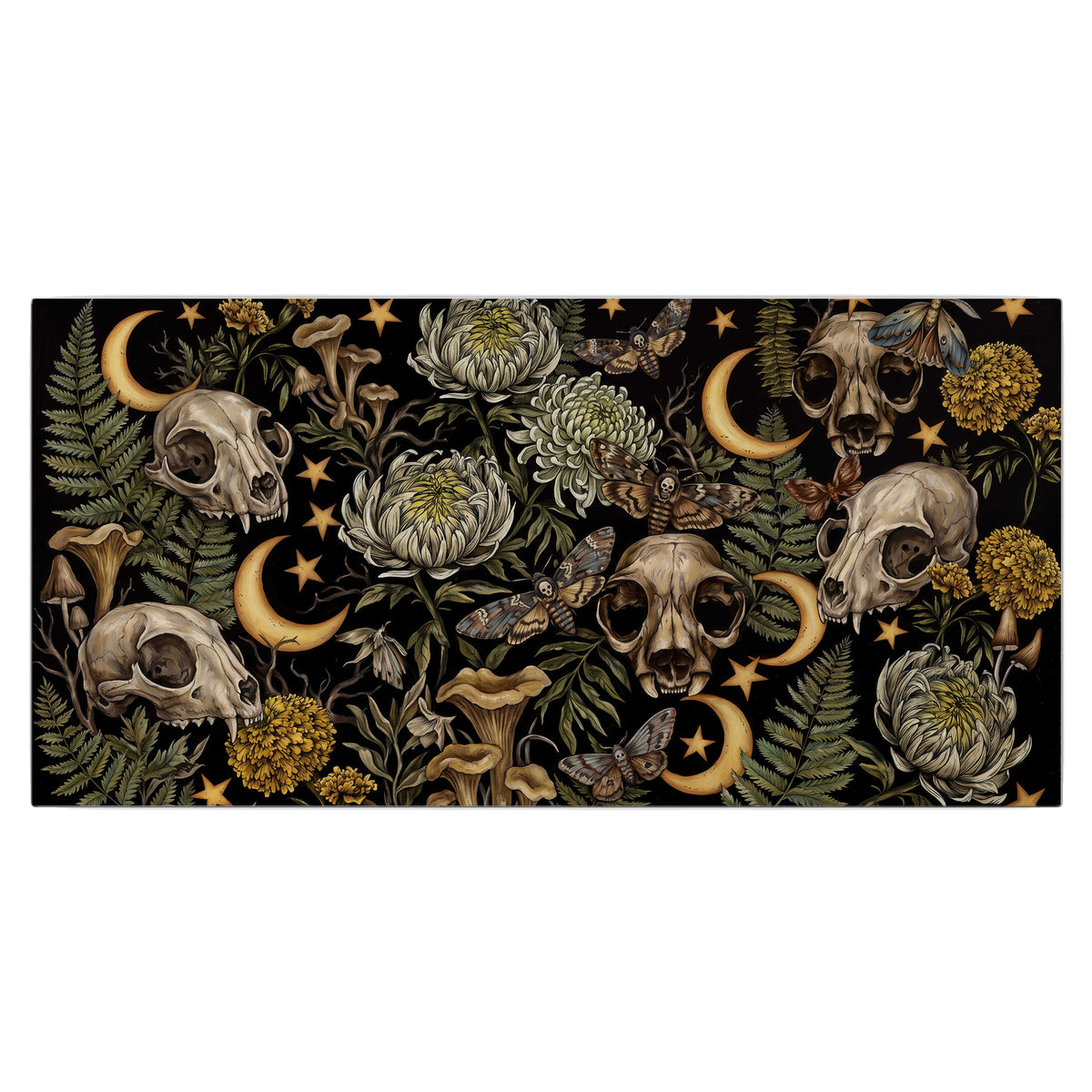 Decorative animal skulls, moons, stars, mushrooms and botanical leaves single canvas wall art viewed straight on