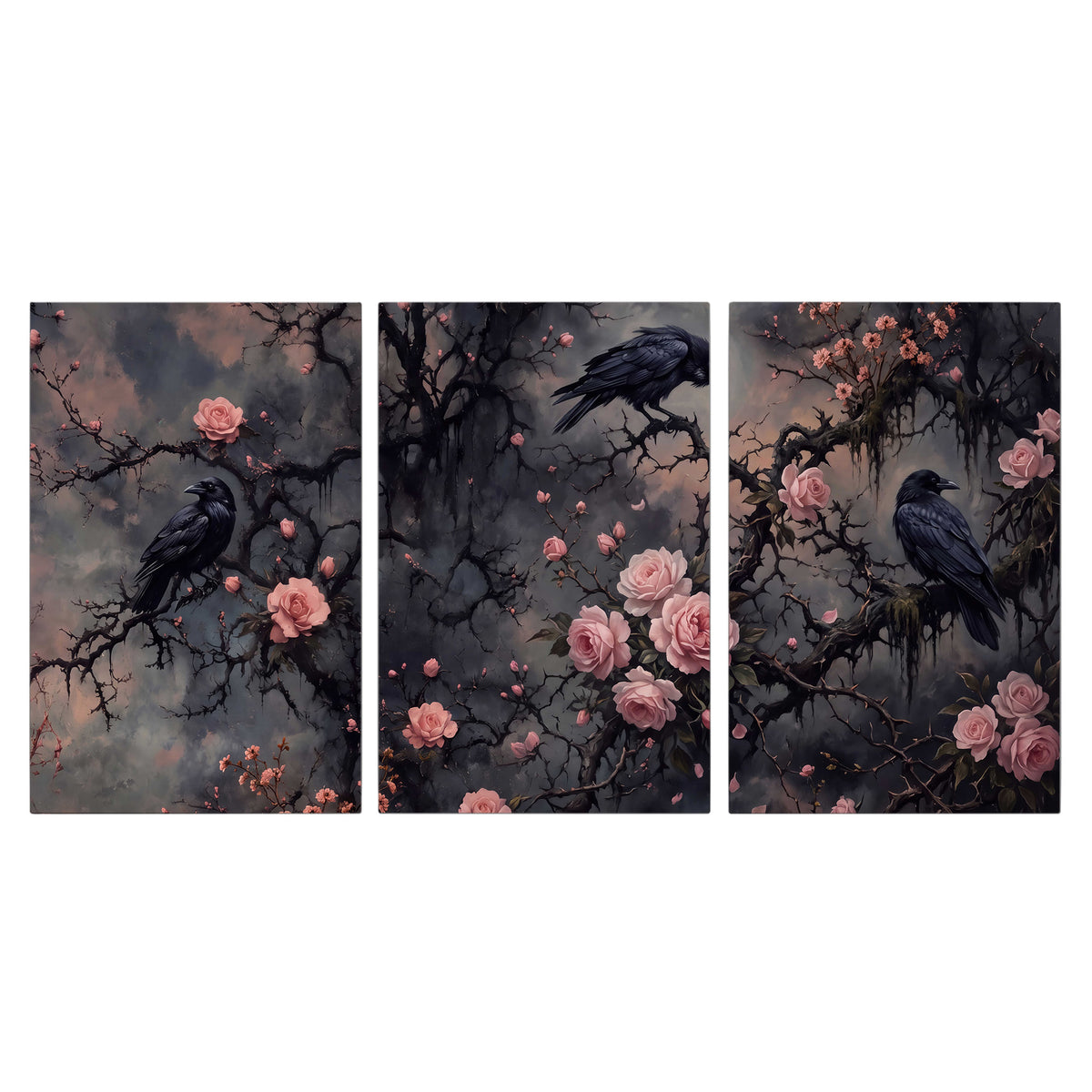 Black ravens perched among pink roses and dark branches 3 piece canvas wall art viewed straight on