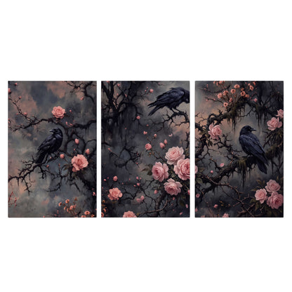 Black ravens perched among pink roses and dark branches 3 piece canvas wall art viewed straight on