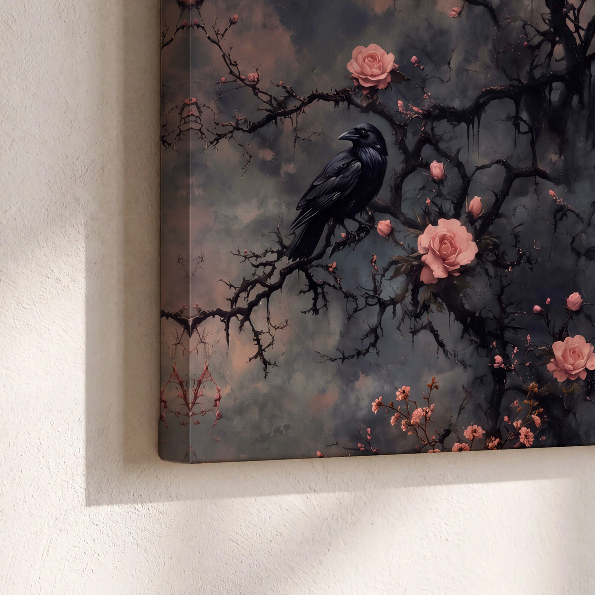 Black ravens perched among pink roses and dark branches 3 piece canvas wall art material and edge close up