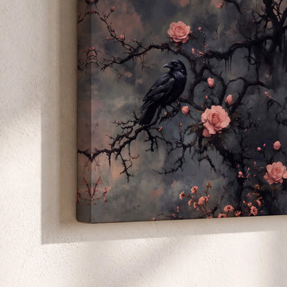 Black ravens perched among pink roses and dark branches 3 piece canvas wall art material and edge close up