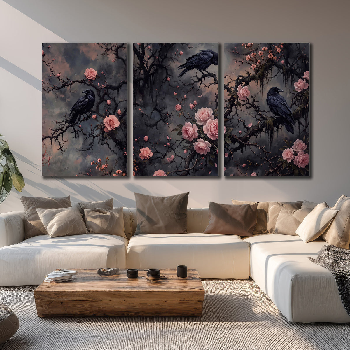 Black ravens perched among pink roses and dark branches 3 piece canvas wall art displayed in a living room