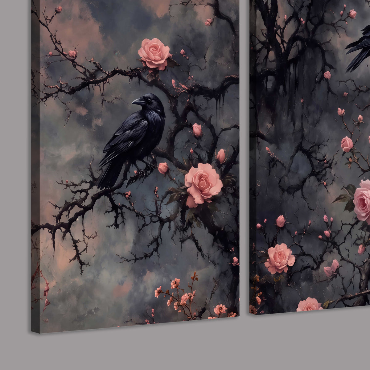 Black ravens perched among pink roses and dark branches 3 piece canvas wall art room and product view