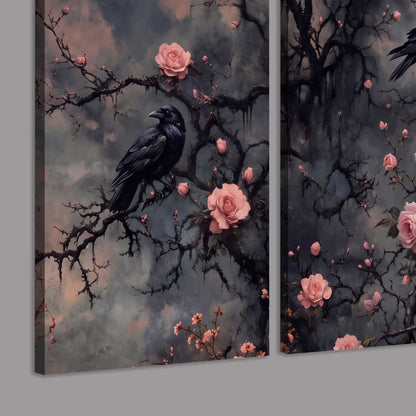 Black ravens perched among pink roses and dark branches 3 piece canvas wall art room and product view