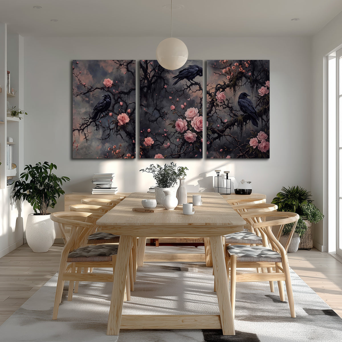 Black ravens perched among pink roses and dark branches 3 piece canvas wall art room and product view