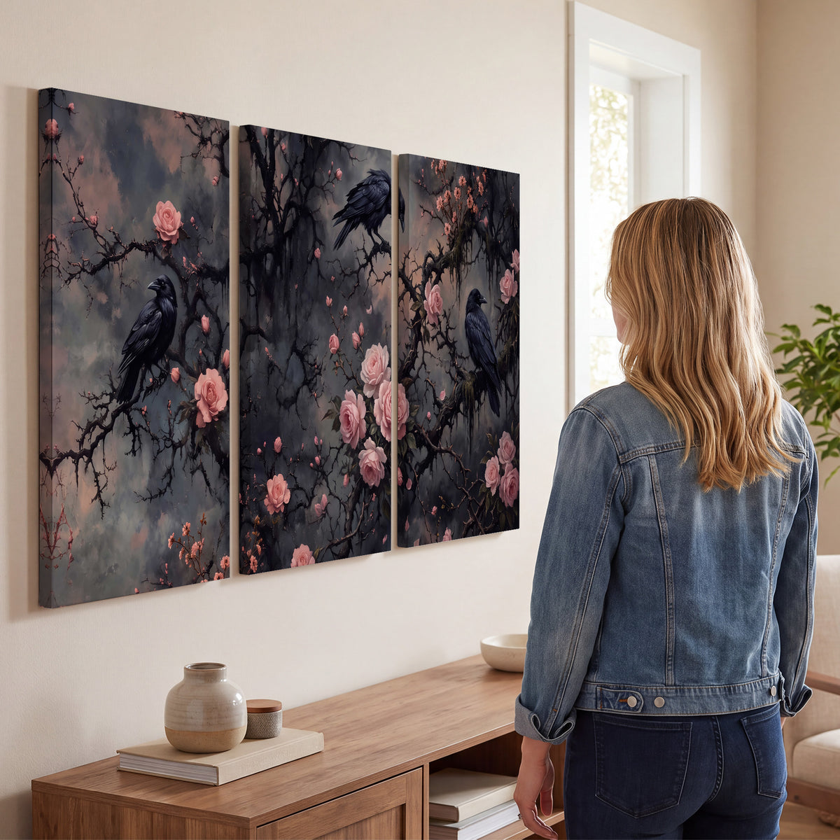 Black ravens perched among pink roses and dark branches 3 piece canvas wall art three panel arrangement on a wall