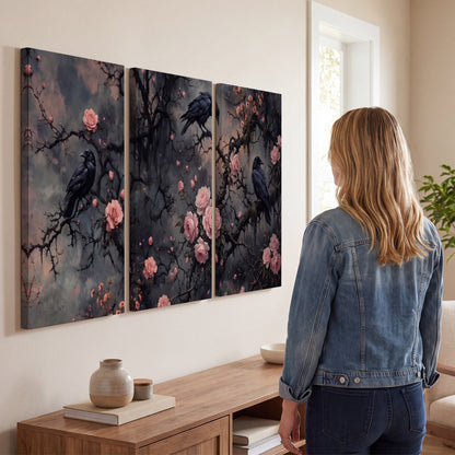 Black ravens perched among pink roses and dark branches 3 piece canvas wall art three panel arrangement on a wall
