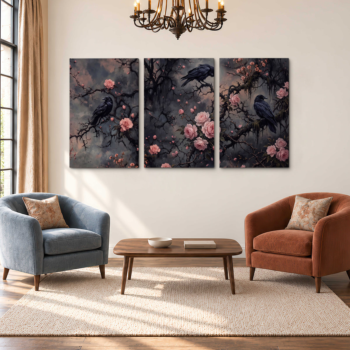 Black ravens perched among pink roses and dark branches 3 piece canvas wall art styled in an interior