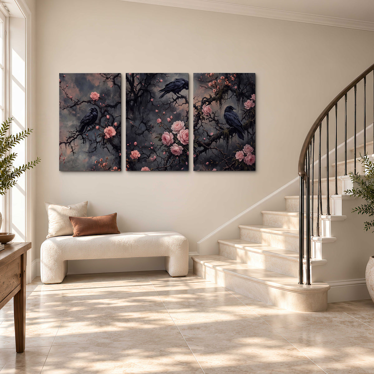 Black ravens perched among pink roses and dark branches 3 piece canvas wall art styled in an interior