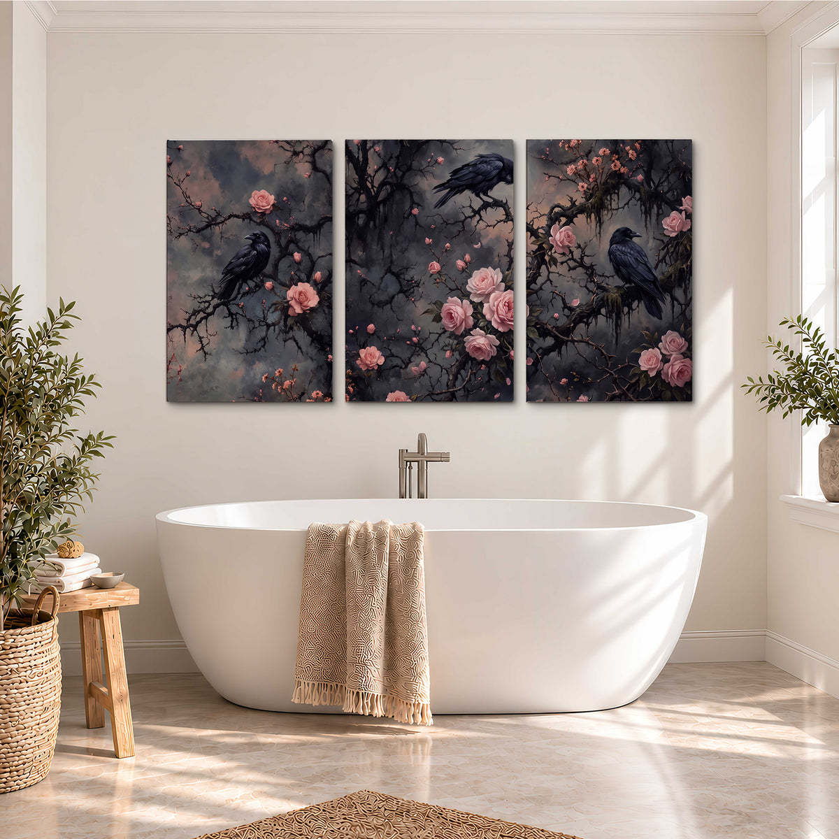 Black ravens perched among pink roses and dark branches 3 piece canvas wall art styled in an interior