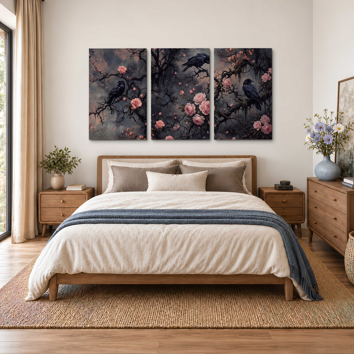 Black ravens perched among pink roses and dark branches 3 piece canvas wall art styled in an interior