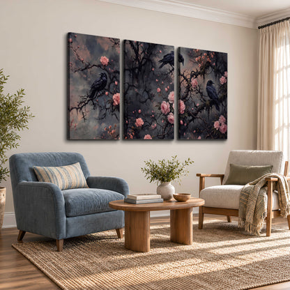 Black ravens perched among pink roses and dark branches 3 piece canvas wall art styled in an interior
