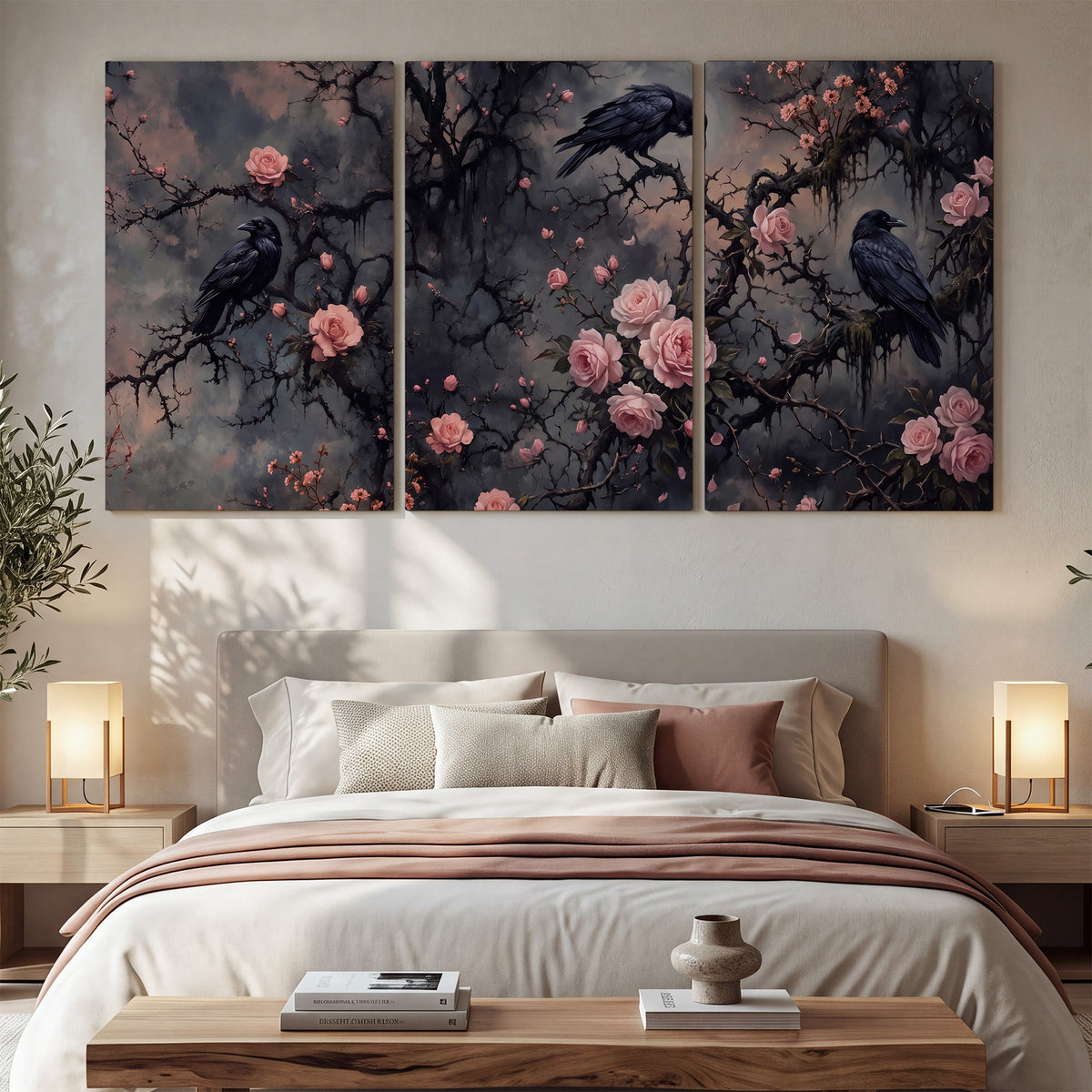 Black ravens perched among pink roses and dark branches 3 piece canvas wall art displayed in a bedroom