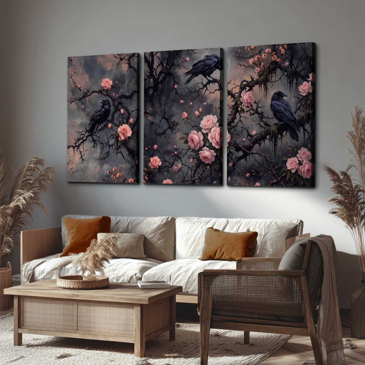Black ravens perched among pink roses and dark branches 3 piece canvas wall art displayed in a rustic living room